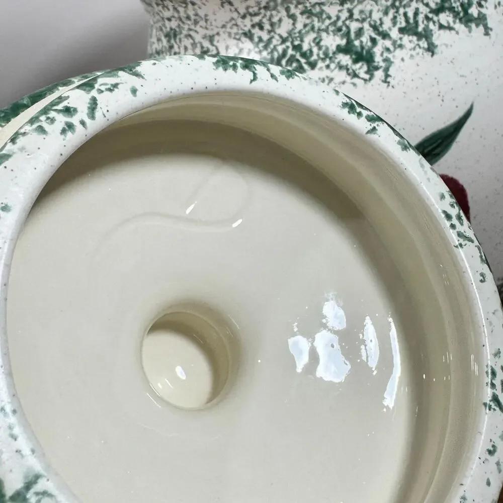 Vintage 80s Apple Cookie Jar Canister Large Size Green Spongeware Ceramic Signed
